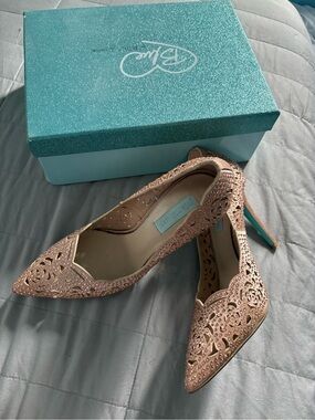 Blue by Betsey Johnson Blush Pink Laser-Cut Pointed Toe Heels with Rhinestones